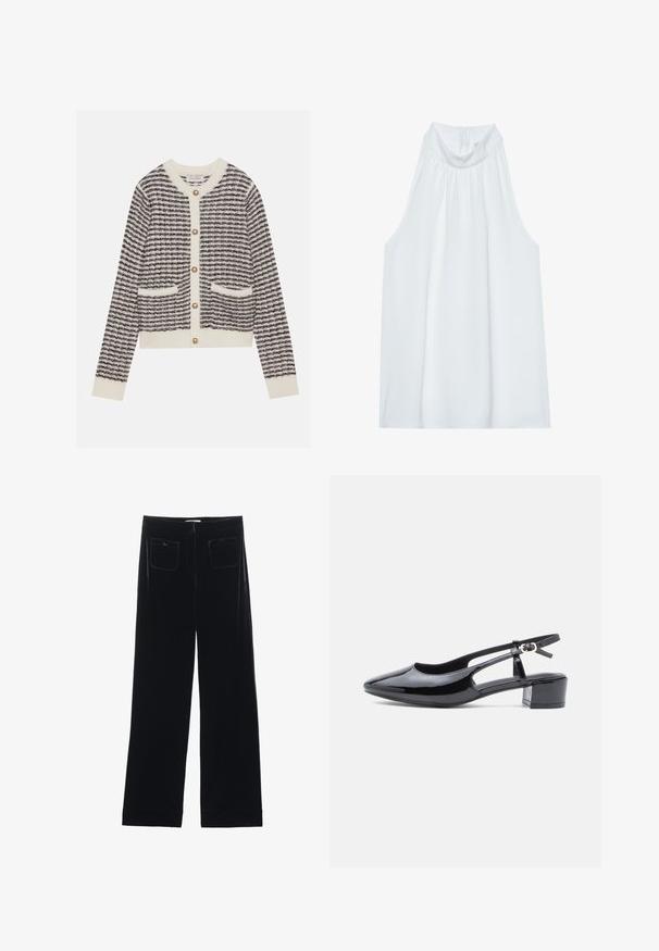 Gilet tricoté en crème et marine avec des rayures horizontales, doté de boutons en perles rondes et de deux poches avant. Poignets côtelés.; Haut sans manches blanc avec un col montant, en tissu doux, présentant des détails froncés au niveau du col et une fermeture éclair dissimulée à l'arrière.; Pantalons larges en velours noir avec deux poches arrière et une texture lisse, présentant une coupe droite et une finition ourlée aux chevilles.; Chaussure slingback en cuir verni noir avec un bout pointu, des côtés découpés et un petit talon block. Équipée d'une bride de cheville avec une boucle.