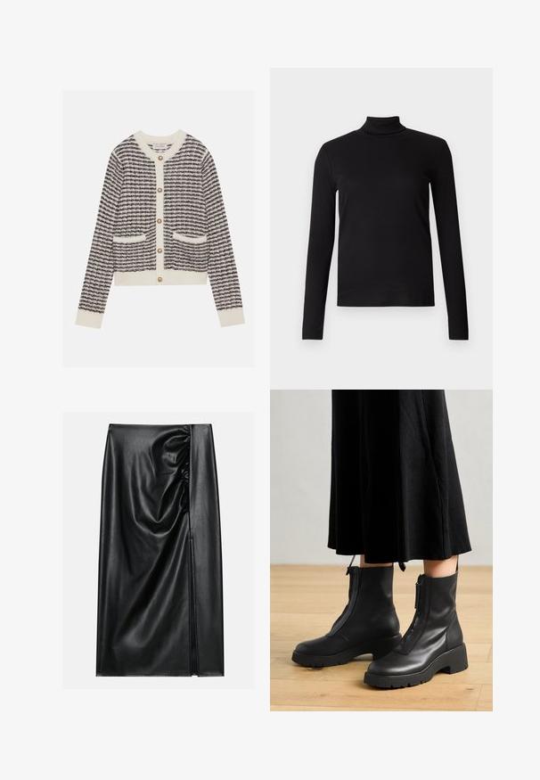 Gilet tricoté en crème et marine avec des rayures horizontales, doté de boutons en perles rondes et de deux poches avant. Poignets côtelés.; Chemise à col roulé noir à manches longues, en tissu doux, présentant un design ajusté et une texture lisse. Sans motifs ni accessoires visibles.; Jupe en cuir noir avec une texture lisse, présentant une section froncée sur un côté et une fente sur le côté pour un détail supplémentaire.; Bottines en cuir noir avec une semelle plateforme épaisse et une fermeture éclair à l'avant. Texture lisse avec un design minimaliste.
