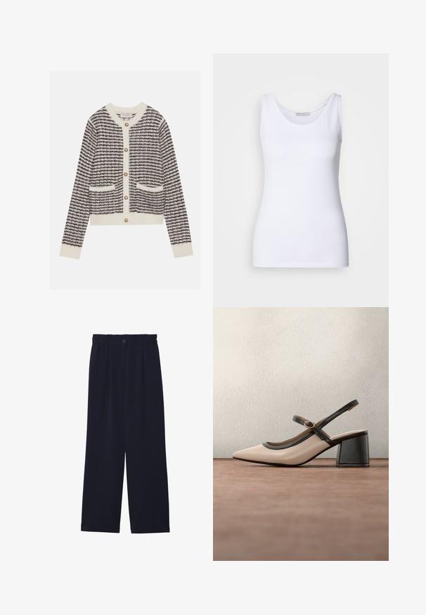 Strickjacke in Creme und Marineblau mit horizontalen Streifen, ausgestattet mit runden Perlenknöpfen und zwei frontalen Taschen. Gerippte Bündchen.; Weißes Tanktop aus glattem, dehnbarem Stoff. Verfügt über einen runden Halsausschnitt und breite Träger. Der Saum sitzt knapp unter der Taille. Keine Muster oder Akzente.; Helles Marineblaue weit geschnittene Hose mit glatter Textur, elastischem Bund, einem vorderen Bügel und einem Knopfverschluss an der Taille.; Beiger Slingback-Pumps mit spitz zulaufender Schuhspitze, schwarzem Besatz und Schnallendetail. Glattes Material mit matter Oberfläche, mittelhoher Blockabsatz.