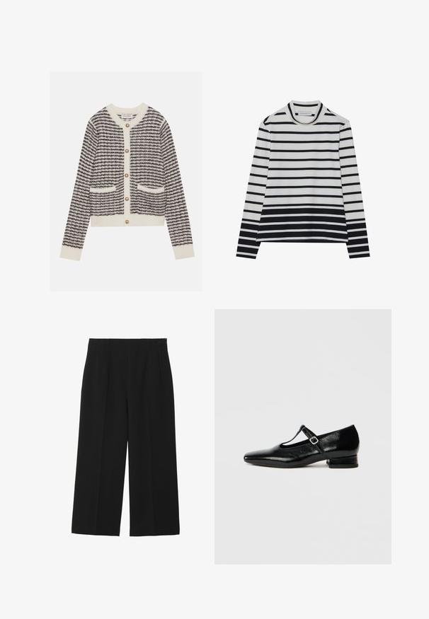 Gilet tricoté en crème et marine avec des rayures horizontales, doté de boutons en perles rondes et de deux poches avant. Poignets côtelés.; T-shirt à manches longues en coton, présentant des rayures horizontales noires et blanches, un col montant haut et une coupe décontractée avec des fentes sur les côtés.; Pantalons larges noirs en tissu lisse, avec deux poches avant, un devant plat, et une fermeture éclair sur le côté.; Chaussures Mary Jane en cuir noir avec bout pointu, petit talon carré et bride ajustable avec une boucle argentée. Texture lisse et brillante.
