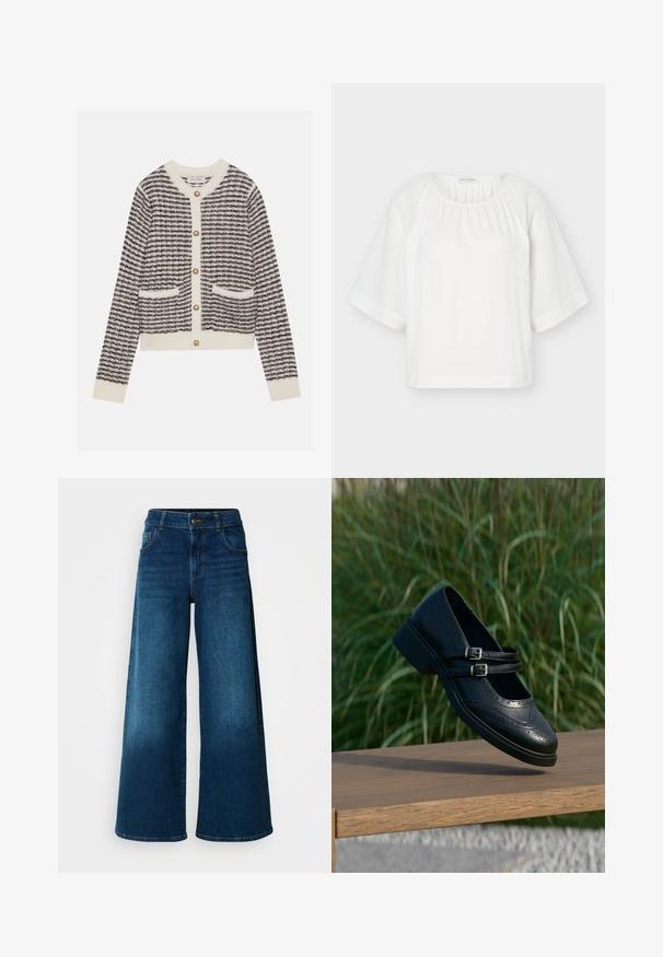 Gilet tricoté en crème et marine avec des rayures horizontales, doté de boutons en perles rondes et de deux poches avant. Poignets côtelés.; Blouse blanche ample avec encolure ronde, tissu froncé au col et larges manches mi-longues avec des détails de couture horizontaux.; Jean large en denim bleu foncé. Doté d'une taille haute, d'une fermeture à bouton et d'un design classique à cinq poches avec une légère décoloration.; Chaussure Mary Jane en cuir noir avec doubles brides bouclées et détails brogue, flottant au-dessus d'un banc en bois avec en arrière-plan de l'herbe verte.