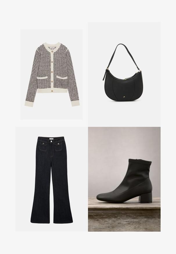 Gilet tricoté en crème et marine avec des rayures horizontales, doté de boutons en perles rondes et de deux poches avant. Poignets côtelés.; Jeans en denim foncé évasés avec une taille haute, deux poches avant et des coutures orange. Le matériau semble robuste et lisse.; Bottine noire à finition en cuir lisse et brillante, talon bloc incliné, et tige ajustée élastiquée pour une silhouette élégante.; Sac à main en cuir noir avec une forme courbée, surface texturée, coutures avant et un logo doré. Il est doté d'une seule sangle ajustable.