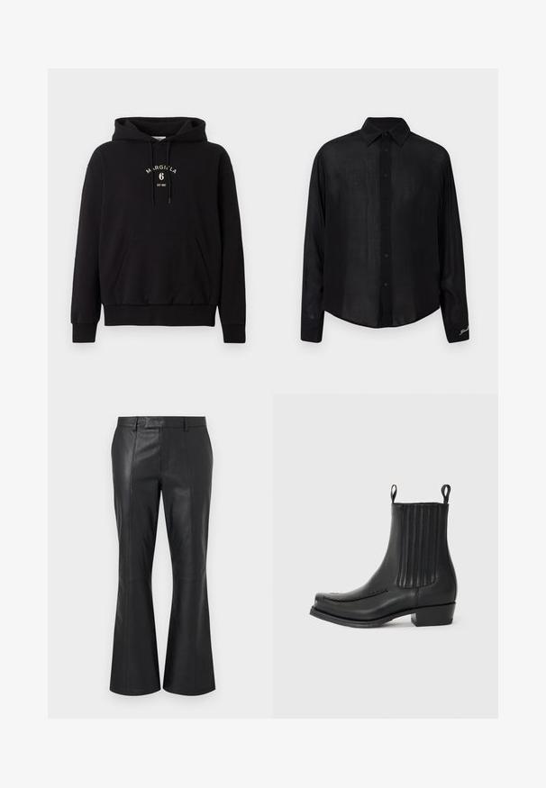 Black hoodie with front kangaroo pocket, drawstring hood, and "MARGIELA 6 EST 1997" text printed in white on the chest.; Black long-sleeve button-up shirt with pointed collar and subtle embroidered detail on the left cuff against a white background.; Black leather pants with a mid-rise waist, belt loops, front seam detailing, and a subtle flare at the bottom of the legs.; Black leather ankle boot with a smooth finish, elastic side panel detailing, subtle stitching on the toe, and a block heel.