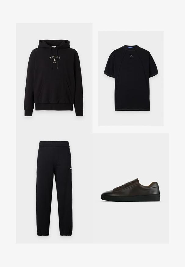 Sweat à capuche noir avec poche kangourou devant, capuche avec cordon de serrage et texte « MARGIELA 6 EST 1997 » imprimé en blanc sur la poitrine.; T-shirt noir à manches courtes avec surpiqûres blanches contrastantes, col rond, et petit logo blanc "ACW" centré près du col.; Pantalon de survêtement noir avec taille et poignets élastiques, arborant un petit logo blanc sur la partie supérieure de la cuisse gauche.; Baskets basses en cuir marron foncé avec semelle en caoutchouc noire, lacets à l'avant et design minimaliste épuré sur fond clair.