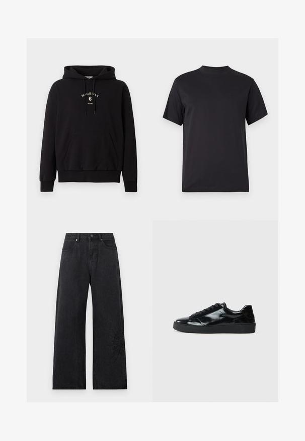 Sweat à capuche noir avec poche kangourou devant, capuche avec cordon de serrage et texte « MARGIELA 6 EST 1997 » imprimé en blanc sur la poitrine.; T-shirt noir à manches courtes avec un col rond haut et une coupe régulière, présenté sur un fond gris clair uni.; Jean en denim noir à jambes larges avec cinq poches, fermeture à bouton et zip, et un motif de soleil brodé discret près de l'ourlet inférieur de la jambe droite.; Baskets en cuir verni noir avec un bout arrondi, un laçage, une semelle en caoutchouc texturé et une finition lisse.