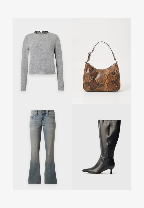 Pull gris à manches longues, avec un col rond accentué par de la dentelle noire, et un ourlet côtelé, fabriqué dans un tissu doux et texturé.; Jean évasé bleu clair en denim. Comprend deux poches avant, une fermeture à bouton et un léger dégradé sur le tissu.; Botte en cuir noire montant jusqu'au genou, avec un bout pointu et un petit talon bas, présentée sur un fond clair uni.; Petit sac à main avec un motif en peau de serpent marron et noir, courroie courte et ajustable, et fermeture éclair.