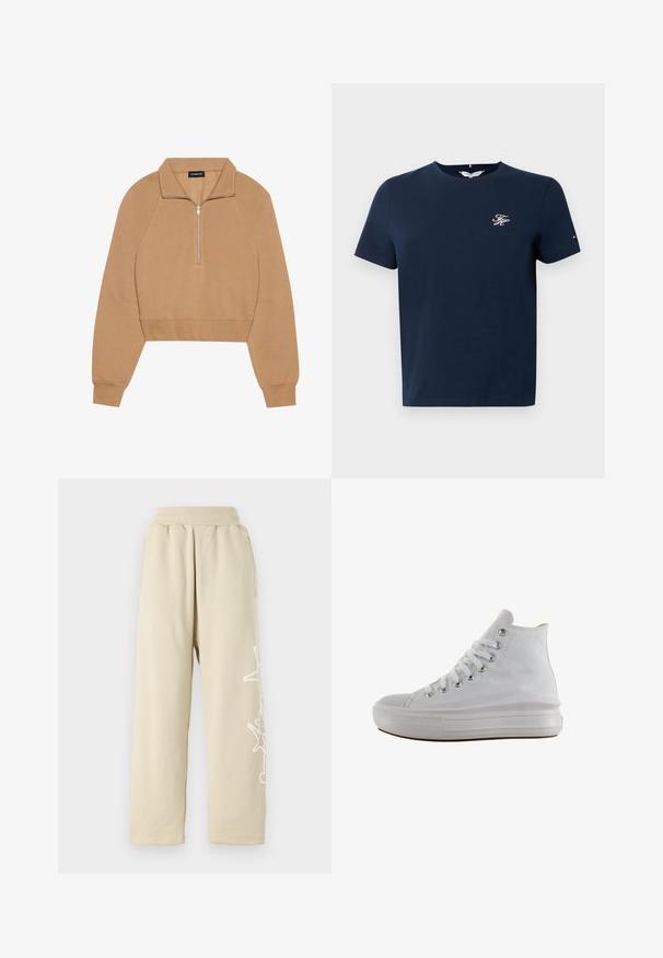 Even&Odd Collegepaita - tan; T-paita, jossa on lyhyet hihat, tummansininen, valmistettu puuvillasta. Pyöreä pääntie ja brodeerattu logo rinnassa. Hihassa pieni kolmitasoinen lipputunnus.; Beige, rento-istuva verkkarit, joissa on joustava vyötärö, sivutaskut ja valkoinen graafinen yksityiskohta vasemmassa jalassa. Pehmeä puuvillakangas.; Valkoinen korkeavartinen kangastennari, jossa valkoiset nauhat, metalliset reiät, paksu kumipohja ja teksturoitu kärki, käännetty vasemmalle valkoisella taustalla.