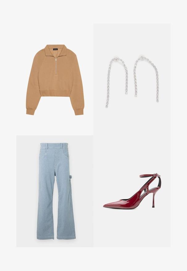 Even&Odd Sweatshirt - tan; Blau-weiße, vertikal gestreifte Hosen mit weitem Bein, Knopfdetails an den Hüften und einer seitlichen Utility-Tasche.; Roter Pumps aus Lackleder mit spitz zulaufender Zehenpartie, Knöchelriemen und Schnalle, im Profil vor weißem Hintergrund gezeigt.; Silberohrringe mit herabhängenden Ketten, die mehrere klare Edelsteine in einem linearen Muster angeordnet haben und einen schimmernden Effekt bieten.
