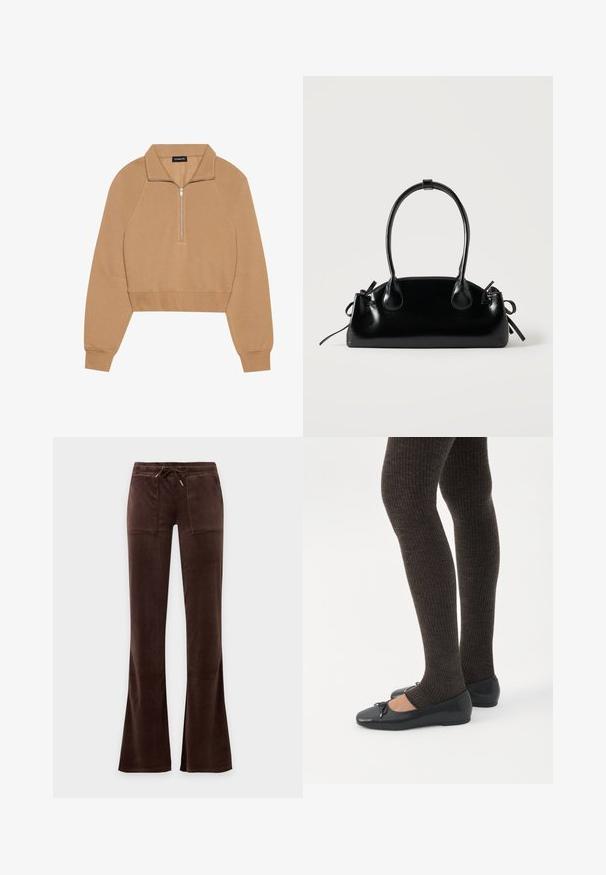 Even&Odd by Zalando Sweatshirt - tan; Pantalon en velours marron foncé avec taille à cordon, deux poches plaquées à l'avant et jambes légèrement évasées sur fond uni.; Jambes portant des leggings côtelés foncés associés à des ballerines noires avec de petits détails en nœud sur fond blanc.; Petit sac à main noir brillant avec deux longues anses et des détails à cordon sur les côtés sur un fond clair uni.