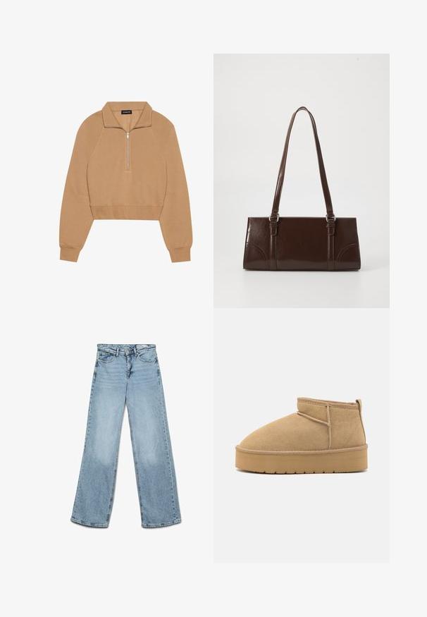 Even&Odd by Zalando Sweatshirt - tan; Lyseblå højtaljede jeans med vide ben, knap- og lynlås-lukning, for- og baglommer samt bæltestropper.; Beige suede ankelstøvler med rund tå, minimale syninger og en lysebrun gummisål med et tekstureret mønster.; Brun lakeret håndtaske med rektangulær form, to lange håndtag og subtile buede detaljer på fronten.