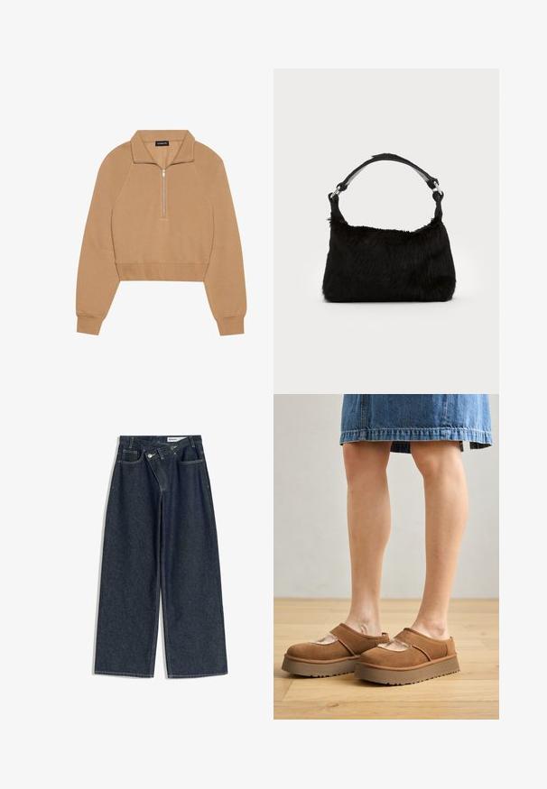 Even&Odd by Zalando Sweatshirt - tan; Vidbenede mørkeblå cowboybukser med dobbelt knaplukning, forlommer og synlig hvid syning, mærket Bershka.; Brune ruskindsplatformsko med en rund tå, udskæringer og en solid sål, ledsaget af en denimnederdel i en indstilling med trægulv.; Sort faux fur håndtaske med en blød tekstur, rund form og en robust skulderrem i sort læder. Synlige sølvhardware-detaljer.