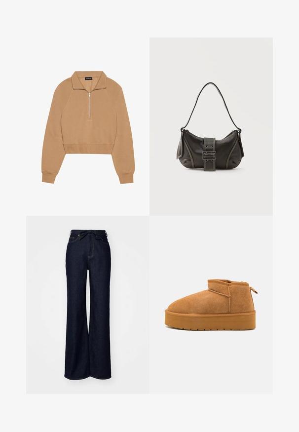Even&Odd by Zalando Sweatshirt - tan; Jean large en denim bleu foncé, avec une taille haute, des poches avant et une fermeture à lacer à la taille.; Bottines en nubuck marron avec un bout arrondi, une conception basse et une semelle en caoutchouc texturée comportant une légère plateforme et une languette.; Sac à épaule en cuir noir avec une sangle à boucle, des bords arrondis et des coutures blanches contrastées sur un fond uni.