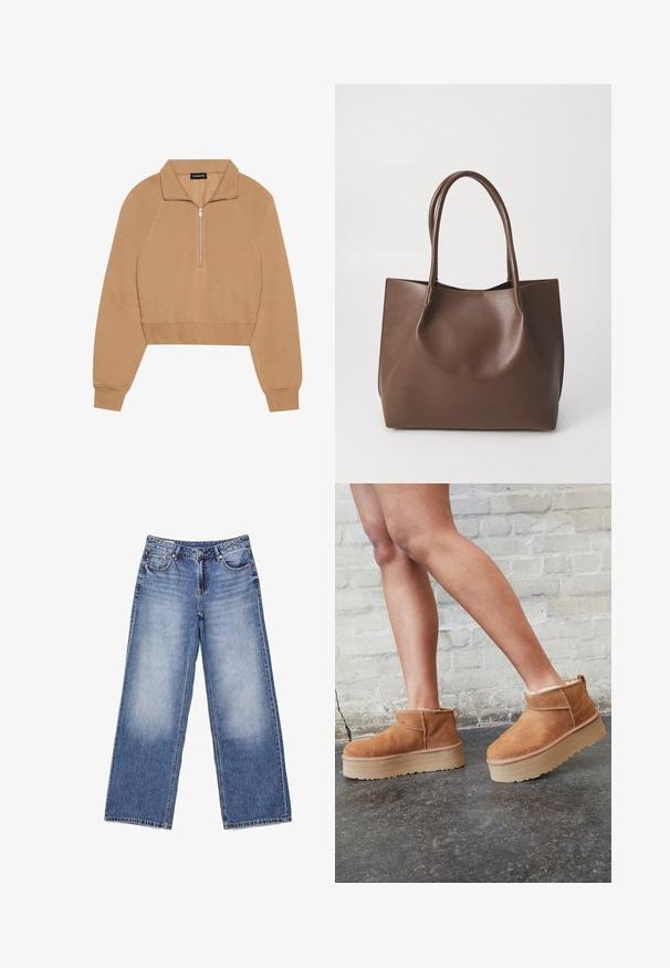 Even&Odd by Zalando Sweatshirt - tan; Jeans en denim bleu clair à jambes larges avec poches avant, passants pour ceinture, fermeture par bouton et légère décoloration sur les cuisses avant.; Bottines en suède marron avec une doublure en peluche, semelle épaisse en beige et une poignée à l'arrière. Surface texturée avec des détails de couture visibles.; Sac en cuir marron avec deux longues poignées, forme structurée, texture lisse et design minimaliste. Aucun matériel ni accent visible.