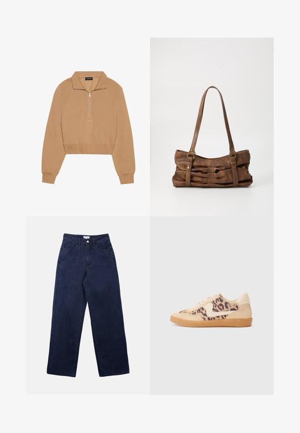Even&Odd by Zalando Sweatshirt - tan; Mørkeblå denimbukser med lige ben, der har en frontknaplukning, bæltestropper og to forlommer.; Leopardprint sneakers med beige ruskindsoverdel, tan gummisål og hvide detaljer. Rund pegefinger og snørebåndsdesign med en tekstureret finish.; Even&Odd by Zalando Håndtasker - brown