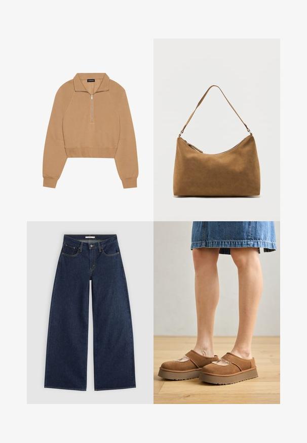 Even&Odd Sweatshirt - tan; Mørkeblå vidde cowboybukser med forlommer, bæltestropper og knaplukning, vist fladt på en lys baggrund.; Brune ruskindsplatformsko med en rund tå, udskæringer og en solid sål, ledsaget af en denimnederdel i en indstilling med trægulv.; Brun skuldertaske i ruskind med enkelt rem og lynlås øverst, vist mod en ensfarvet hvid baggrund.