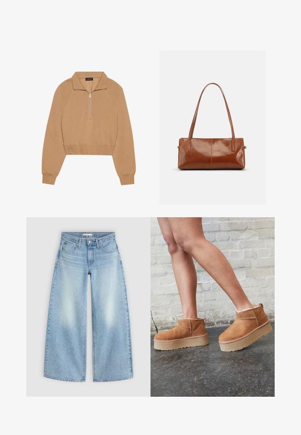 Even&Odd by Zalando Φούτερ - tan; Ανοιχτό μπλε τζιν παντελόνι με ψηλή μέση και φαρδιά μπατζάκια, με μπροστινές τσέπες, θηλιές για ζώνη και ξεθωριασμένες περιοχές στους μηρούς, τοποθετημένο επίπεδα σε ανοιχτό φόντο.; Καφέ σουέτ μποτάκια μέχρι τον αστράγαλο με πλούσια επένδυση, παχύ μπεζ πλατφόρμα και πίσω λαβή. Υφασμάτινη επιφάνεια με ορατές λεπτομέρειες ραφής.; Ορθογώνια καφέ δερμάτινη τσάντα χειρός με δύο μακριούς ιμάντες ώμου, λείο γυαλιστερό φινίρισμα και μινιμαλιστικό σχέδιο σε απλό φόντο.