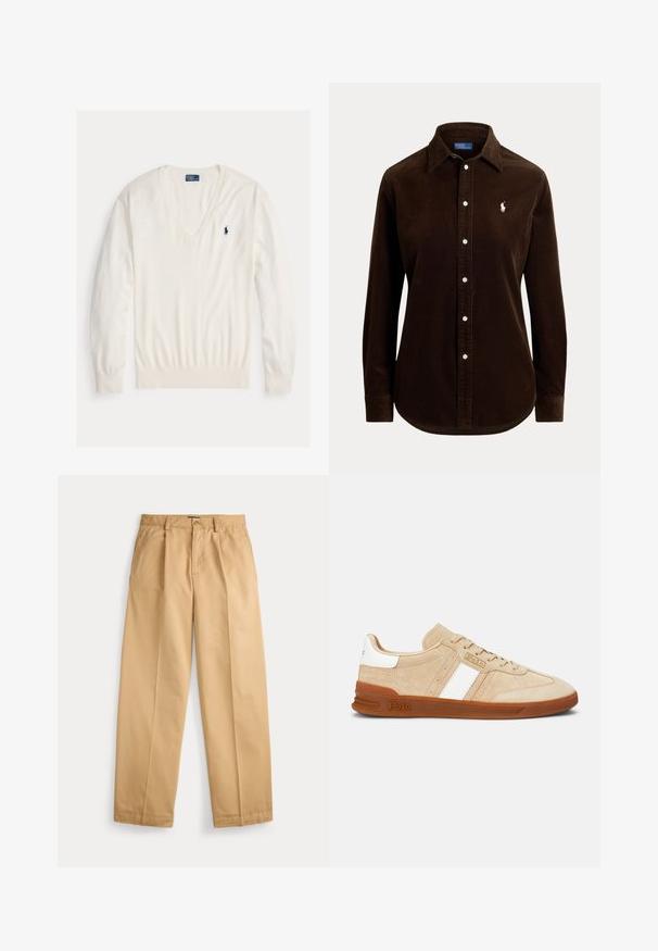 Biely pulóver s dlhým rukávom a výstrihom do V, s rebrovanými manžetami a lemom, s malým tmavomodrým logom hráča póla Ralph Lauren na ľavej strane hrudníka.; Tmavohnedá kordová košeľa s dlhým rukávom, zapínaním na gombíky, golierom a malým bielym vyšívaným logom na ľavej strane hrude.; Béžové nohavice s rovným strihom, zapínaním na gombík a zips, prednými vreckami, pútkami na opasok a vyžehlenými skladmi na nohaviciach.; Béžové semišové tenisky s bielymi pruhmi, gumovou podrážkou a hnedými detailami. Majú textúrovaný povrch a logo na boku.