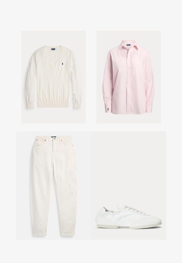 Pull blanc à manches longues col en V avec poignets et bas côtelés, avec un petit logo joueur de polo Ralph Lauren bleu marine sur la poitrine gauche.; Chemise boutonnée rose clair en mélange de coton lisse, dotée d'un col classique, de manches longues et d'un petit logo brodé sur le poignet.; Jean blanc taille haute à jambes droites, avec bouton et fermeture éclair sur le devant, design à cinq poches et étiquette de marque Polo sur la ceinture.; Basket blanche profil bas avec lacets, panneau latéral en tissu lisse et semelle souple et flexible.