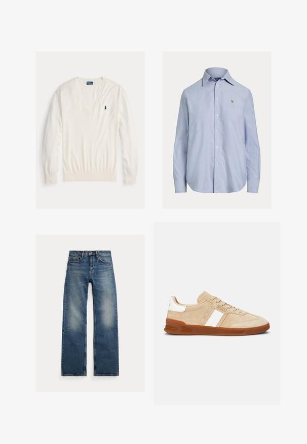 Biely pulóver s dlhým rukávom a výstrihom do V, s rebrovanými manžetami a lemom, s malým tmavomodrým logom hráča póla Ralph Lauren na ľavej strane hrudníka.; Svetlomodrá košeľa s dlhým rukávom na gombíky, so špicatým golierom a malým vyšitým logom na ľavej strane hrude.; Modré džínsy s rovnými nohavicami s vyblednutými miestami na stehnách, dizajn s piatimi vreckami a zapínaním na gombíky, položené na bielom pozadí.; Béžové semišové tenisky s bielymi pruhmi, gumovou podrážkou a hnedými detailami. Majú textúrovaný povrch a logo na boku.