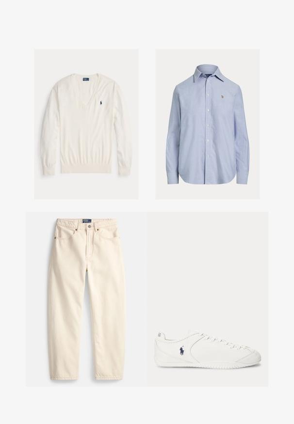 Biely pulóver s dlhým rukávom a výstrihom do V, s rebrovanými manžetami a lemom, s malým tmavomodrým logom hráča póla Ralph Lauren na ľavej strane hrudníka.; Svetlomodrá košeľa s dlhým rukávom na gombíky, so špicatým golierom a malým vyšitým logom na ľavej strane hrude.; Džínsy krémovej farby z denimu, s rovnými nohavicami, prednými vreckami a detailom prešívania. Zapínanie na kovové gombíky a zips.; Biela nízkoprofilová teniska so šnurovaním vpredu a tmavomodrým logom hráča póla na boku, zobrazená z vnútornej strany.