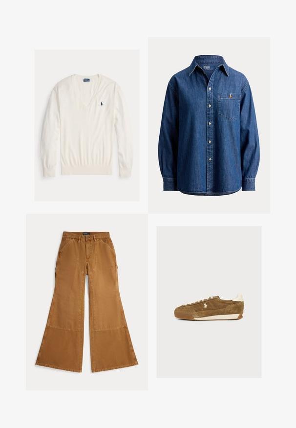 Biely pulóver s dlhým rukávom a výstrihom do V, s rebrovanými manžetami a lemom, s malým tmavomodrým logom hráča póla Ralph Lauren na ľavej strane hrudníka.; Modrá džínsová košeľa s dlhým rukávom na gombíky s náprsným vreckom, ktoré obsahuje malé vyšívané logo na ľavej strane.; Hnedé bavlnené nohavice s širokými nohavicami, zdobené nášivkami, zapínanie na gombík a šikmé vrecká vpredu. Hladká textúra, ležérny dizajn.; Hnedý semišový teniska s bielymi šnúrkami, bielym logom na boku a bielou pätkou, zobrazený v profile na jednoduchom pozadí.