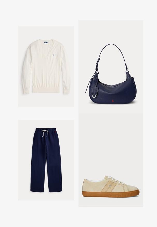 Biely pulóver s dlhým rukávom a výstrihom do V, s rebrovanými manžetami a lemom, s malým tmavomodrým logom hráča póla Ralph Lauren na ľavej strane hrudníka.; Tmavomodré tepláky so širokými nohavicami, elastickým pásom, bielym šnúrkou a malým červeným vyšívaným logom na pravej strane.; Béžové semišové tenisky s bielymi šnúrkami a gumovou podrážkou. Majú logo na boku a hladký povrch. Klasický nízky dizajn.; Tmavomodrá textúrovaná kožená kabelka na rameno s jedným remienkom, strieborným prsteňovým detailom a malým červeným logom v blízkosti spodného stredu.
