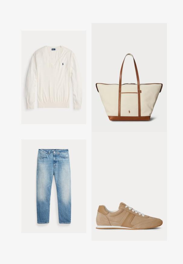 Biely pulóver s dlhým rukávom a výstrihom do V, s rebrovanými manžetami a lemom, s malým tmavomodrým logom hráča póla Ralph Lauren na ľavej strane hrudníka.; Svetlomodré vyblednuté rovné rifle s prednými vreckami, zapínaním na gombík a zipsom a miernym opotrebovaním na pravom stehne.; Svetlohnedý nízky teniska zo semišu a kože s bielymi šnúrkami a bielou gumovou podrážkou zobrazený z boku na bielom pozadí.; Plátená taška v krémovej farbe s hnedými koženými akcentmi, s dvoma dlhými rúčkami, prednou vreckom a logom blízko spodnej časti.