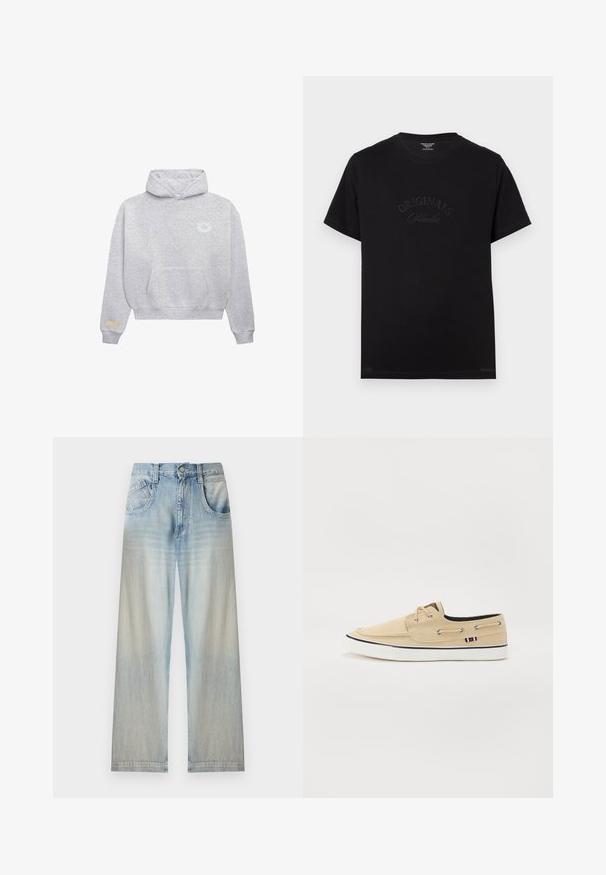 Hellgrau Hoodie mit vorderem Kängurutasche, kleinem weißen runden Logo auf der linken Brust und beigem rechteckigem Patch am linken Ärmelbund.; Schwarzes Baumwoll-T-Shirt mit kurzen Ärmeln und rundem Halsausschnitt. Auf der Vorderseite befindet sich der Schriftzug "ORIGINALS Studio" in eingeprägten, tonalen Buchstaben.; Hellblaue Denim-Jeans mit weitem Bein, Vorderentaschen, Knopfverschluss und Verblassung an Oberschenkeln und unteren Beinen.; Beige Segelschuh aus Canvas mit Metallösen, weißer Gummisohle und marineblauen Akzentstreifen. Verfügt über ein braunes Stoffpatch auf der Zunge.