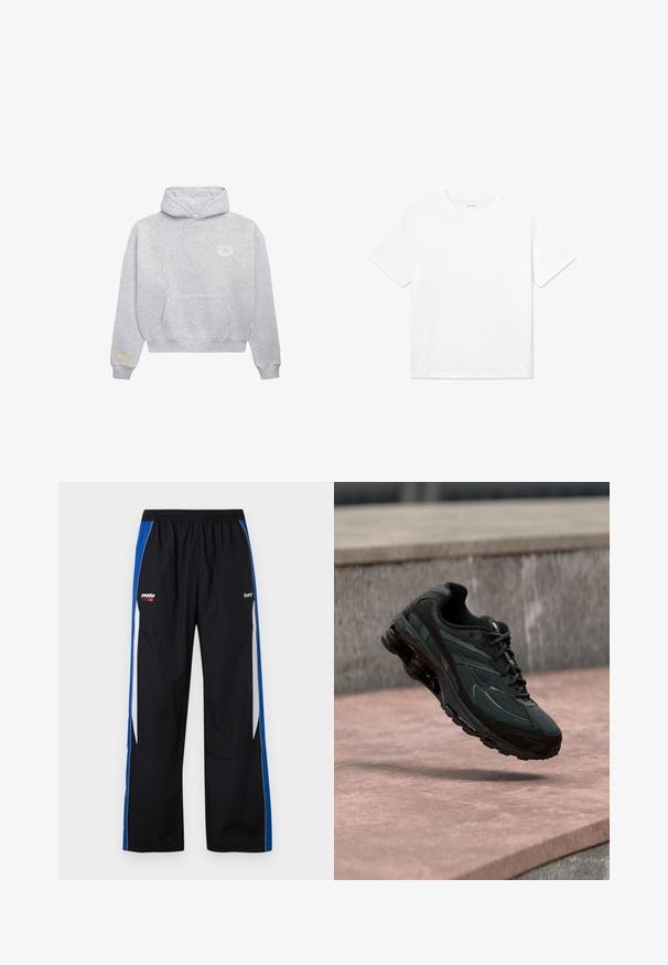 Lys grå hættetrøje med frontlomme, lille hvid cirkulær logo på venstre bryst og beige rektangulært mærke på venstre ærme.; Hvid bomulds T-shirt med korte ærmer, rund halsudskæring og lige kant. Glat tekstur uden synlige mønstre eller accenter.; Sorte træningsbukser med blå og hvide sidelommer, elastisk talje og små hvide og røde "moto" og "bare" logoer på forsiden.; Sort atletisk sneaker med synligt luftdæmpende mellemsål, der svæver over en pink stenoverflade med en grå stenvæg i baggrunden.