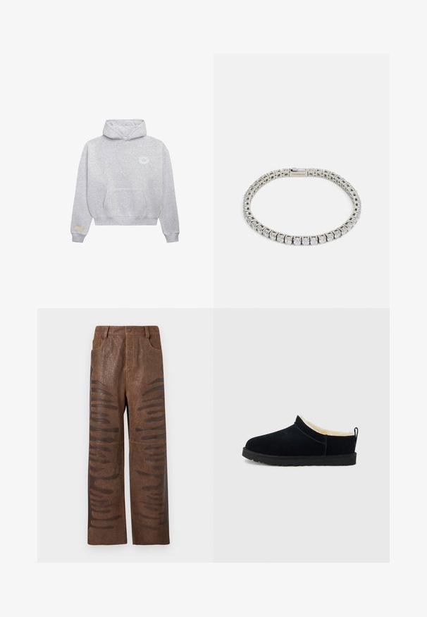 Hellgrau Hoodie mit vorderem Kängurutasche, kleinem weißen runden Logo auf der linken Brust und beigem rechteckigem Patch am linken Ärmelbund.; Braune Kunstlederhosen mit strukturiertem Finish, die längliche horizontale Ausschnitte an den Seiten und ein gerades Bein-Design aufweisen.; Schwarzer Slipper aus Wildleder mit weichem, cremefarbenem Innenfutter, rund zulaufender Schuhspitze und einer strukturierten schwarzen Gummisohle für gute Haftung.; DARKAI TENNIS UNISEX - Armband - white