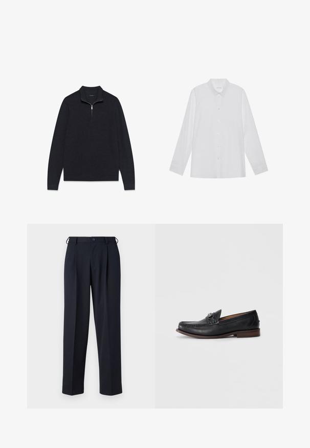 Suéter oscuro de color gris con textura, de tejido texturizado, con cuello de media cremallera y mangas largas, diseñado con dobladillo y puños acanalados.; Camisa blanca de manga larga hecha de tela suave, con cuello puntiagudo, cierre frontal de botones y puños de un solo botón.; Pantalones azul marino a medida con cierre delantero de botón y cremallera, trabillas para cinturón y bolsillos laterales, mostrados sobre un fondo blanco.; Mocasines de cuero negro con punta redondeada, hardware decorativo en la parte delantera y una suela marrón contrastante. Textura suave y diseño fácil de poner.