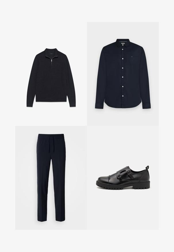 Suéter oscuro de color gris con textura, de tejido texturizado, con cuello de media cremallera y mangas largas, diseñado con dobladillo y puños acanalados.; Camisa de hombre azul marino de manga larga con botones, cuello y botones blancos, mostrada sobre un fondo gris claro.; Pantalones ligeros azul marino con cintura elástica y cordón ajustable, que presentan un diseño de corte recto y una textura suave.; Pier One by Zalando Mocasines elegantes - black