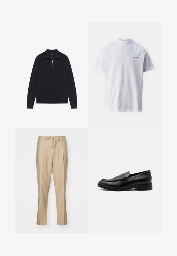 Suéter oscuro de color gris con textura, de tejido texturizado, con cuello de media cremallera y mangas largas, diseñado con dobladillo y puños acanalados.; Camisa de algodón blanca con un cuello alto y mangas cortas. Presenta el logo "SAMSØE SAMSØE" en negro en la parte delantera. Textura suave.; Pantalones beige a medida con cintura ajustable y perneras rectas, y dos bolsillos laterales. Hechos de una tela suave, con pliegues definidos.; Mocasín negro de cuero para hombre con detalle de borlas, punta redondeada, tacón bajo y acabado liso y pulido, mostrado de lado sobre un fondo blanco.