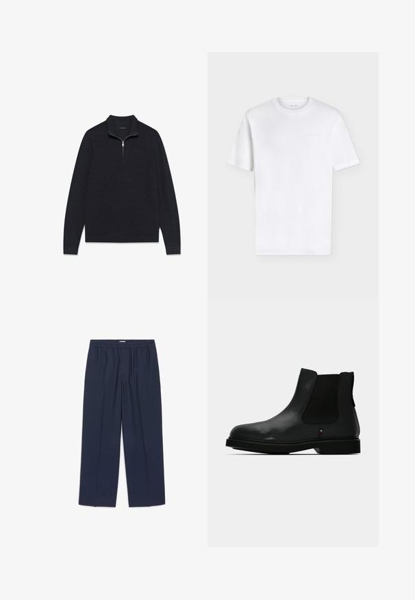 Pull-over gris foncé en tissu texturé, doté d'un col à demi-fermeture éclair et de manches longues, avec un ourlet et des poignets côtelés.; T-shirt blanc uni à manches courtes et col rond avec un logo embossé subtil sur la partie supérieure gauche de la poitrine, présenté sur fond blanc.; Pantalon bleu marine droit avec taille élastique et sans poches visibles, posé à plat sur un fond blanc.; Botte Chelsea noire en cuir avec des panneaux latéraux élastiques, un bout rond et une tige texturée. Elle est dotée d'une semelle en caoutchouc plate et d'un détail de branding subtil.