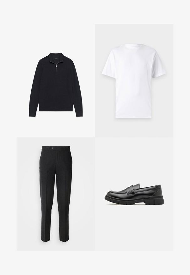 Suéter oscuro de color gris con textura, de tejido texturizado, con cuello de media cremallera y mangas largas, diseñado con dobladillo y puños acanalados.; Camiseta blanca de manga corta hecha de algodón con cuello redondo, que presenta una textura suave y un diseño simple sin patrones ni acentos.; Lindbergh Pantalones - black melange; Mocasin de cuero negro con una cinta ancha en el empeine, suela de goma con tacos gruesos y textura suave. Diseño clásico y elegante.