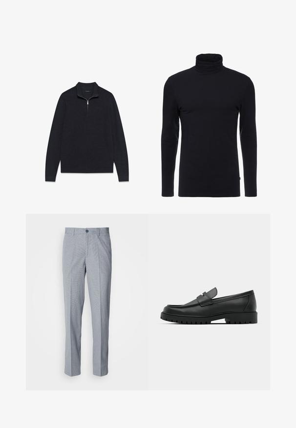 Donkergrijze pullover gemaakt van gestructureerde stof, met een halve ritskraag en lange mouwen, voorzien van een geribbelde zoom en manchetten.; Zwarte lange mouw turtleneck shirt gemaakt van zachte, rekbare stof. Heeft een aansluitend ontwerp en een gladde textuur. Geen zichtbare patronen of accenten.; Grijs geblokte broek, tailored fit, met een zachte textuur, flat front en een enkele knoopsluiting.; Zwarte leren instappers met een ronde neus, voorzien van een gestikt ontwerp, een lage platformzool en een gestructureerde, grof rubberen buitenzool.