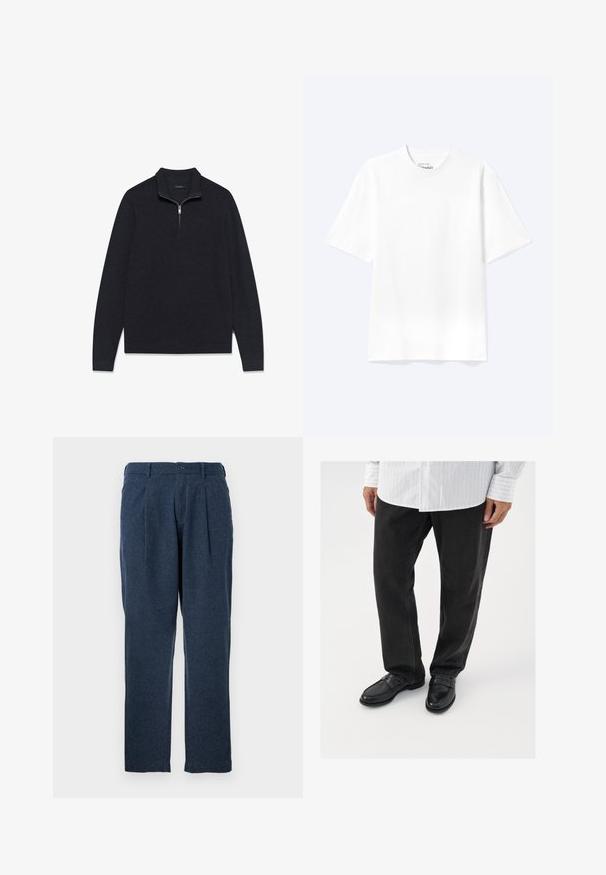 Suéter oscuro de color gris con textura, de tejido texturizado, con cuello de media cremallera y mangas largas, diseñado con dobladillo y puños acanalados.; Camiseta lisa blanca de manga corta y cuello redondo con un corte relajado, mostrada sobre un fondo claro.; Pantalones azul oscuro hechos de tejido texturizado, con pliegues, un cierre de botón y un diseño de pierna recta.; Pantalones de mezclilla negros combinados con mocasines negros brillantes. La camisa es blanca con finas rayas verticales, de mangas largas y con cuello abotonado.