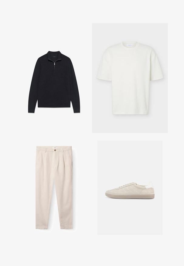 Pull-over gris foncé en tissu texturé, doté d'un col à demi-fermeture éclair et de manches longues, avec un ourlet et des poignets côtelés.; T-shirt blanc texturé à manches courtes, col rond, coupe régulière et petite étiquette de marque à l'intérieur du col.; Gabba JOE-PAS VILL - Chino - lt sand; Baskets en daim beige avec une tige texturée, un contrefort de talon blanc lisse, de fines lacets et une semelle extérieure en caoutchouc. Présente un design bas profil.