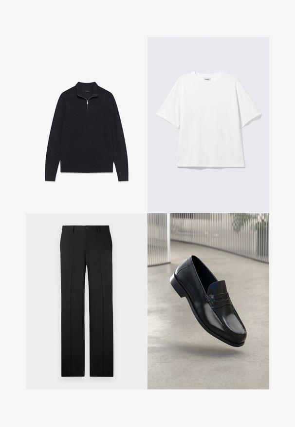 Donkergrijze pullover gemaakt van gestructureerde stof, met een halve ritskraag en lange mouwen, voorzien van een geribbelde zoom en manchetten.; Witte oversized T-shirt met korte mouwen, ronde hals en verlaagde schouders, plat op een lichtgrijze achtergrond.; Zwarte, op maat gemaakte broek met een rechte pijp, zachte stof, voorvouwen en een enkele knoopsluiting in de taille.; Zwarte leren loafers met een gladde afwerking, een afgeronde neus, decoratieve stiksels en een licht verhoogde zool.