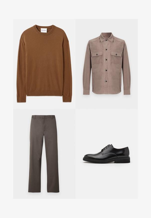 CLOSED CREW NECK LONG SLEEVE - Striktrøje - light mocha brown; Brun skjorte med knap-lukning, lavet af blødt stof. Den har to forreste påsatte lommer, en krave og knaplukning foran.; Brune bomuldsbukser med et design i lige ben, der har bæltestropper og en glat tekstur. Ingen synlige mønstre eller hardware-detaljer.; Sorte læder habitussko med rund tå, fem snørrehuller, en glat overflade og en lav gummisål.