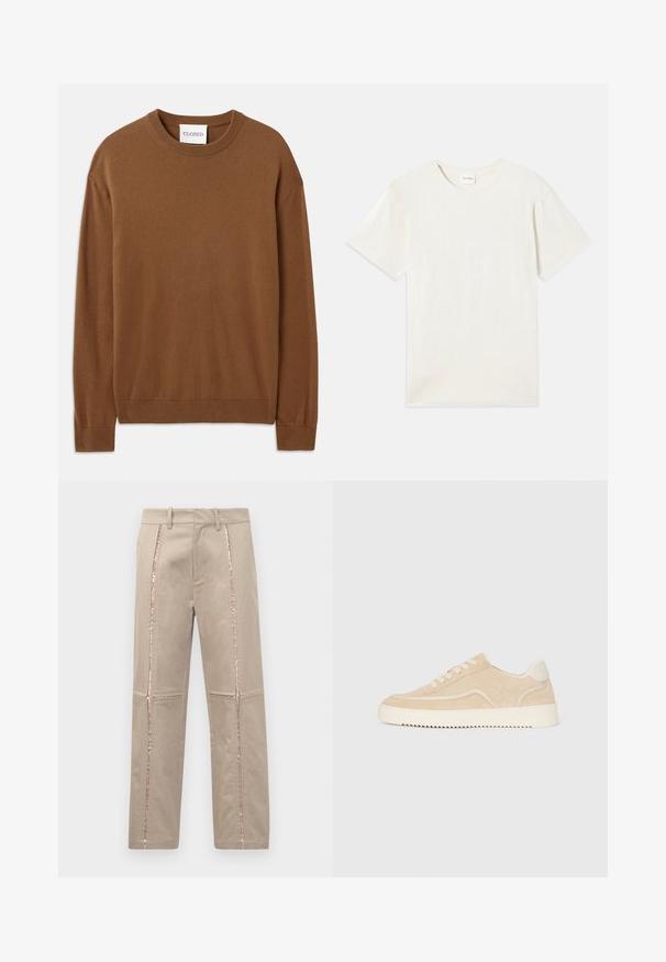 CLOSED CREW NECK LONG SLEEVE - Trui - light mocha brown; Korte mouwen, ronde hals t-shirt in licht beige, zachte katoenen textuur met een relaxte pasvorm en zonder zichtbare patronen of accenten.; Beige broek met een rechte snit, voorzien van rose-gouden pailletten aan de zijkanten en subtiele gestikte details op de benen.; Beige suède sneaker met witte zool en veters, low-top ontwerp en zigzagprofiel op de zool.