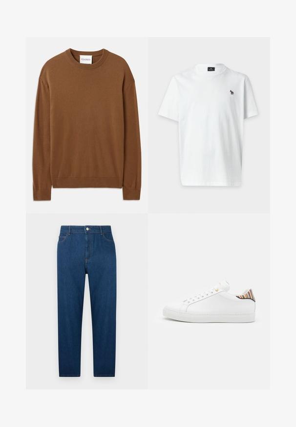 CLOSED CREW NECK LONG SLEEVE - Striktrøje - light mocha brown; Plain hvid T-shirt med korte ærmer med en lille multifarvet zebra logo på venstre bryst og en rund halsudskæring.; Mørkeblå denimjeans med lige ben, frontknap og lynlås, fem-lomme design og synlige syninger ved talje og lommer.; Hvide lædersneakers med en glat overflade, prydet med en farverig stribet detalje på hælen, guldøje og flad hvid sål.