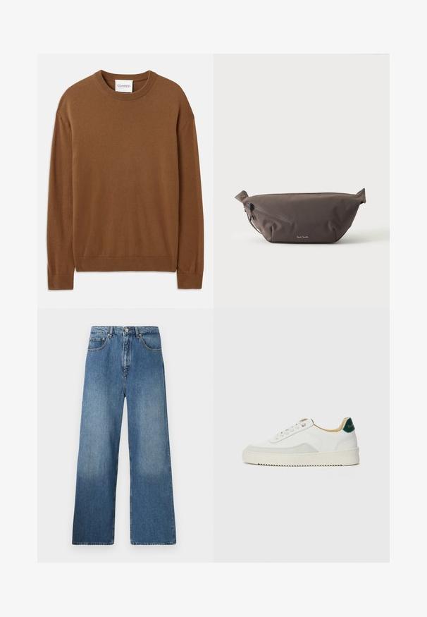 CLOSED CREW NECK LONG SLEEVE - Striktrøje - light mocha brown; Bredde ben blå denim jeans med et klassisk fem-lomme design, frontlukning med knap og let falming for tekstur.; Hvide sneakers med ruskindsdetaljer, rund tå, flade snørebånd og en cremet gummisål. Har grøn branding på hælen.; Mørkebrun stof talje taske med diagonalt lynlåslomme og lille hvidt logo på fronten, sat mod en ensfarvet lys baggrund.