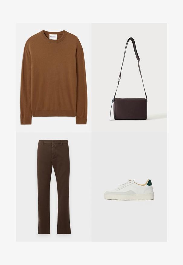 CLOSED CREW NECK LONG SLEEVE - Svetrík - light mocha brown; CLOSED CLIFTON TRUE - Nohavice chinos - espresso brown; Biele tenisky s semišovými akcentmi, zaoblenou špičkou, plochými šnúrkami a krémovou gumovou podrážkou. Na päte sú zelené značky.; Tmavohnedá kožená crossbody taška s textúrou, nastaviteľným popruhom a malým dekoratívnym modrým prvkom na boku.