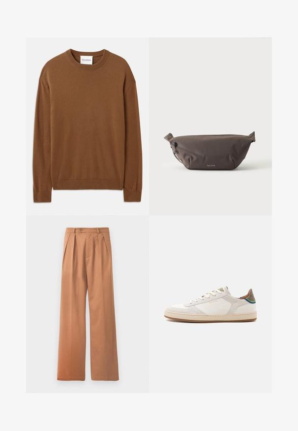 CLOSED CREW NECK LONG SLEEVE - Trui - light mocha brown; Beige wijde broek met een platte voorkant, plooien en een enkele knoopsluiting bij de taille. Gladde textuur en volledige lengte.; Witte lage sneaker met beige zool, veters aan de voorkant, groene en blauwe detail op de hiel en subtiel gouden "Paul Smith" logo aan de zijkant.; Donkerbruine stoffen heuptas met diagonale ritssluiting en klein wit logo aan de voorkant, tegen een effen lichte achtergrond.