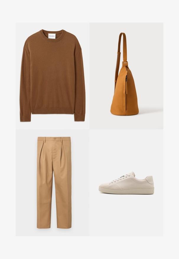 CLOSED CREW NECK LONG SLEEVE - Svetrík - light mocha brown; Béžové bavlnené nohavice s voľným strihom, skladaným dizajnom, pásom na gombík a rovnými nohavicami. Hladký povrch bez vzorov.; Béžové kožené tenisky so hladkým povrchom, okrúhlou špičkou, plochou podrážkou a klasickým šnurovaním. Jemné akcenty z prešívania a textúrovaná podrážka.; Kožená tanová taška cez rameno s nastaviteľným popruhom a vertikálnym vreckom so zipsom, zobrazená z boku na jednoduchom svetlom pozadí.