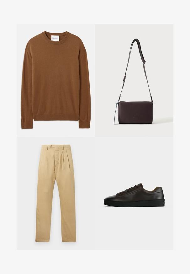 CLOSED CREW NECK LONG SLEEVE - Trui - light mocha brown; CLOSED BERGEN TAPERED - Chino - beige; Low-profile donkerbruine leren sneaker met zwarte rubberen zool, veters aan de voorkant en een strak minimalistisch design op een lichte achtergrond.; Donkerbruine gestructureerde leren crossbodytas met verstelbare riem en klein decoratief blauw accent aan de zijkant.