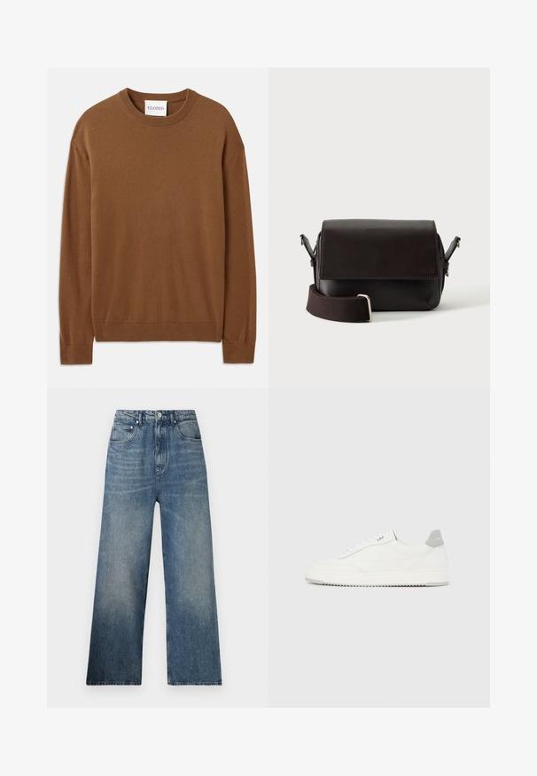CLOSED CREW NECK LONG SLEEVE - Striktrøje - light mocha brown; Blå denim bredbenede jeans med høj talje, subtilt slid, fem lommer og metalknaplukning foran.; Hvid lavtop-sneaker med gråt hælflig, hvide snørebånd og tekstureret sål, vist på en ensfarvet lys baggrund.; Mørkebrun lædertaske med flaplukning og justerbar stofrem på hvid baggrund.
