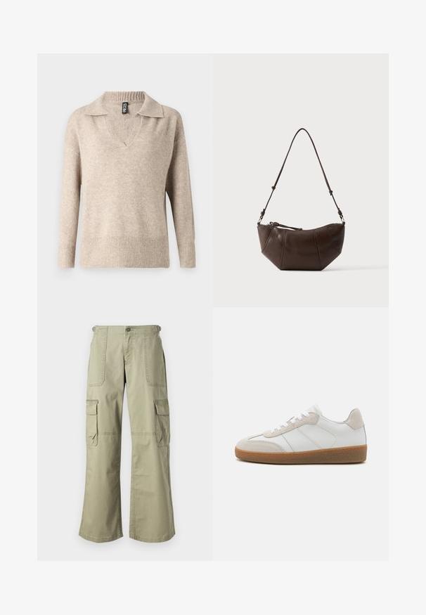 Pull en maille beige avec un col en V et un col côtelé. Il présente des manches longues et un ourlet côtelé, fabriqué à partir d'un matériau doux et texturé.; Pantalons cargo kaki avec une coupe décontractée, dotés de deux poches latérales, d'une fermeture à bouton à l'avant et de jambes larges. Tissu en coton au toucher lisse.; Baskets en cuir blanc avec des accents en suède beige, languette texturée et semelle en caoutchouc. Elles sont dotées de lacets blancs et de détails couture subtils.; Sac à bandoulière en cuir marron avec un fond incurvé et une sangle réglable sur un fond clair uni.