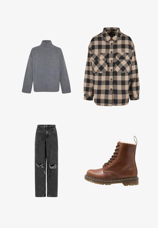 Grijze gebreide trui met een hoge hals en geribde manchetten, met een losse pasvorm en een gemêleerd patroon door de stof.; Geruite flanellen shirt in beige en donkergrijs. Heeft een knoopsluiting aan de voorkant, twee borstzakken en een omgeslagen kraag. Losse pasvorm.; Zwarte high-waist wijde jeans met gescheurde knieën en verwerkte details op een witte achtergrond.; Bruine leren enkellaars met bontvoering, ronde neus, vetersluiting aan de voorkant en gele stiksels langs de zool. Stevige rubberen loopzool voor grip.